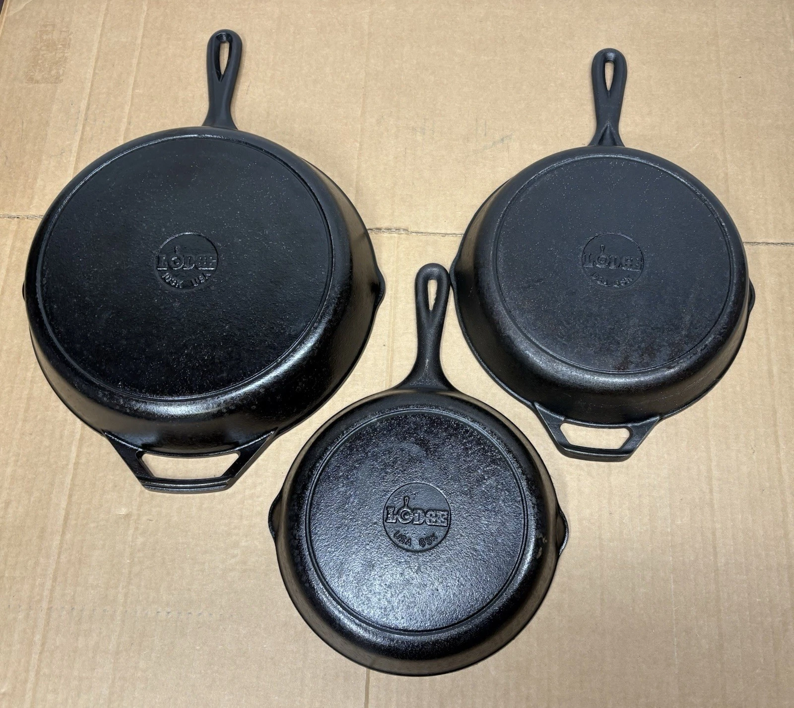 VTG 3 Piece Set Lodge Cast Iron Skillets Pans #10 #8 #6