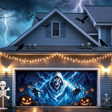 Halloween Garage Door Cover, 7X16Ft Skull Ghost Banner