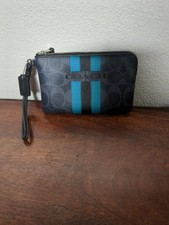 Coach Signature Coated Canvas Striped Corner Zip Wristlet Wallet Pouch Black