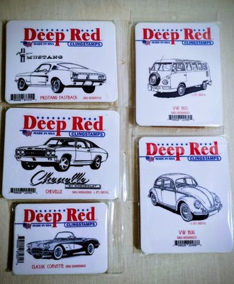 Deep Red LOT of 5 Cling Rubber Stamps Classic Cars & VW Bus Mustang, Corvette +