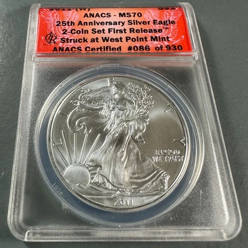 2011-(W) Silver Eagle ANACS MS70, From 25th Ann. 2 coin set First Release(89043)