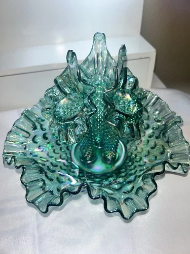Vintage Fenton Carnival Teal Glass 3 Horn Hobnail Epergne