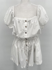 Free People Romper Womens Medium White Button Front Puff Sleeve Ruffle Hem Boho