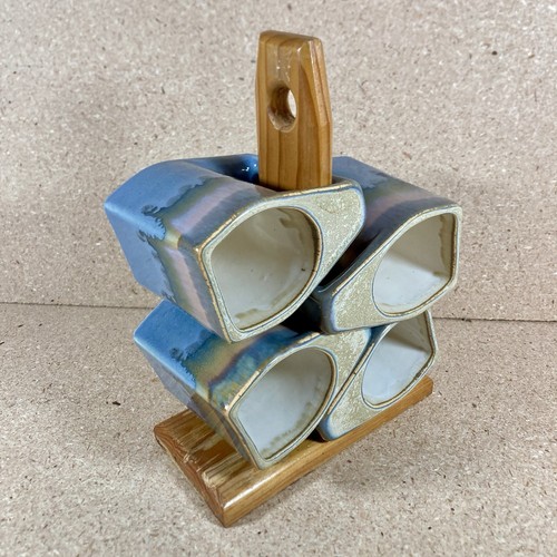 Vintage Prado Padilla Mexico Art Pottery 4 Stackable 10oz Coffee Mugs & Stand - 第 1/9 張圖片