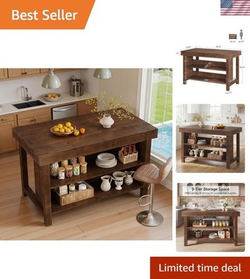 55'' Solid Wood Kitchen Island with Storage, Farmhouse Kitchen Island Table wi...