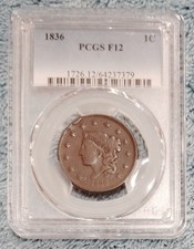 1836 Large cent, PCGS Fine, F-12