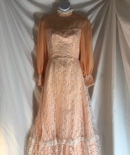 Vintage 1970s Peach Handmade Dress Wedding Bridesmaid Prom Lace Size XS