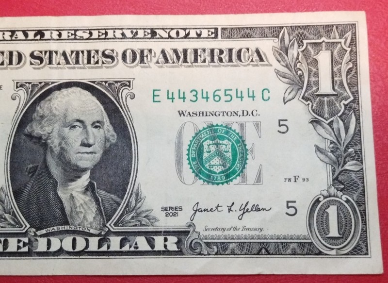 $1 One Dollar Bill Bookender Serial Number E44346544C Series 2021, Misaligned 