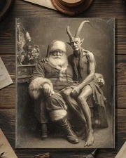 Vintage Victorian Santa and Devil Portrait Christmas Card Gothic Holiday Art