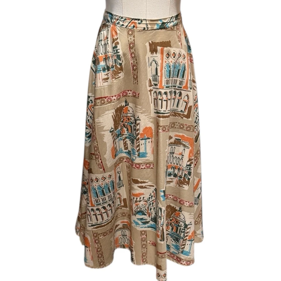 Vintage Kate Hill Size 10P Venice Italy Print Silk Blend Travel Artsy Midi Skirt - Image 2 of 4