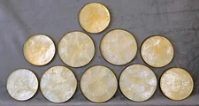 Set 10 Capiz Shell Coasters with Cork Back Brass Rim Mixed Sizes 4"And 3.5" Inch