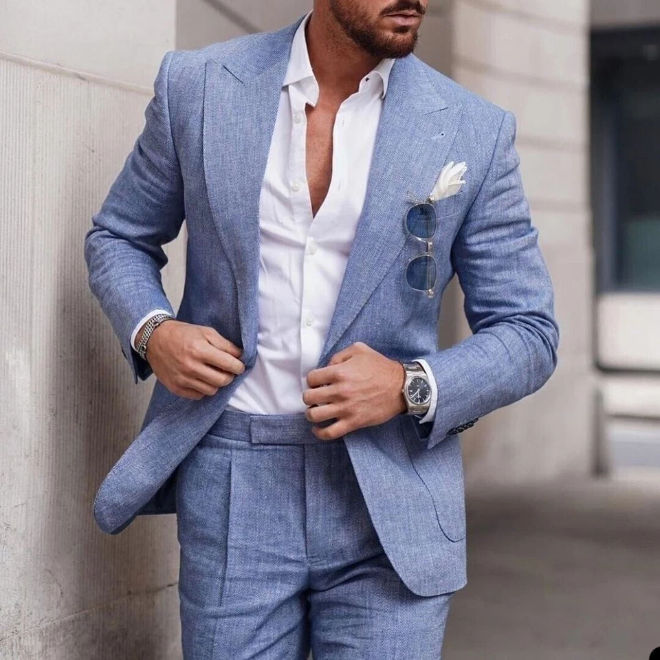Mens Linen Suits 2PCS Peak Lapel Summer Coat Wedding Groom Casual Blazer Tuxedos - Image 3 of 4