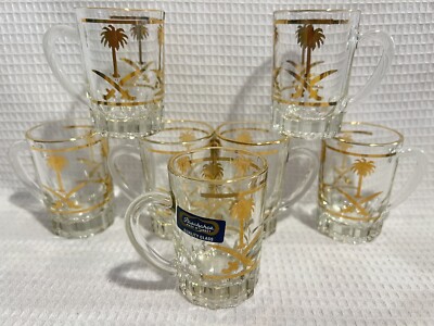 (7) Pasabahce-Turkey-Clear Glass/Gold Painted Palm Trees-Tea/Espresso Cups/Mugs