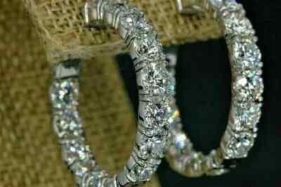 3Ct Round Cut Lab Created Diamond Hoop Earrings 14K White Gold Plated Silver