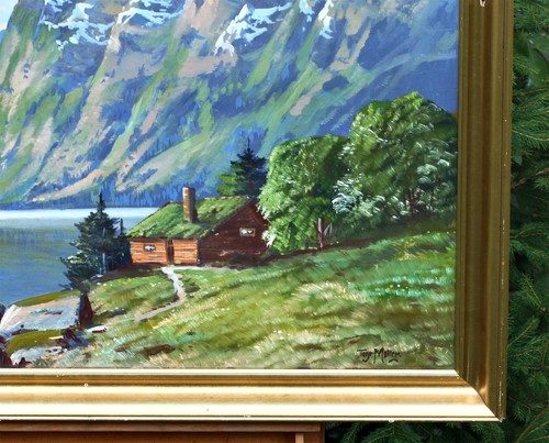 Tage Moller - Large Norwegian Mountain Landscape, Cabin By Lake, Oil Painting - Picture 3 of 4