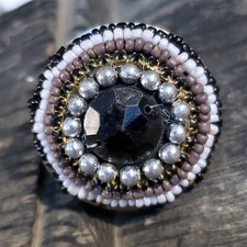 Artisan Beaded Statement Cocktail Ring India Brass Black White Multi Color Beads