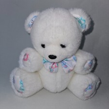 VTG Carter's White Teddy Bear Rattle Plush 8" Baby Toy Pastel Pink Blue Bow READ