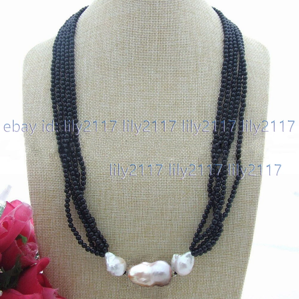 5股4毫米黑色玛瑙圆形宝石白色Keshi巴洛克珍珠吊坠项链 — 第 3/3 张图片