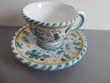 Footed Espresso Cup & Saucer Deruta Italy Maioliche Green Laughing Rooster 1962