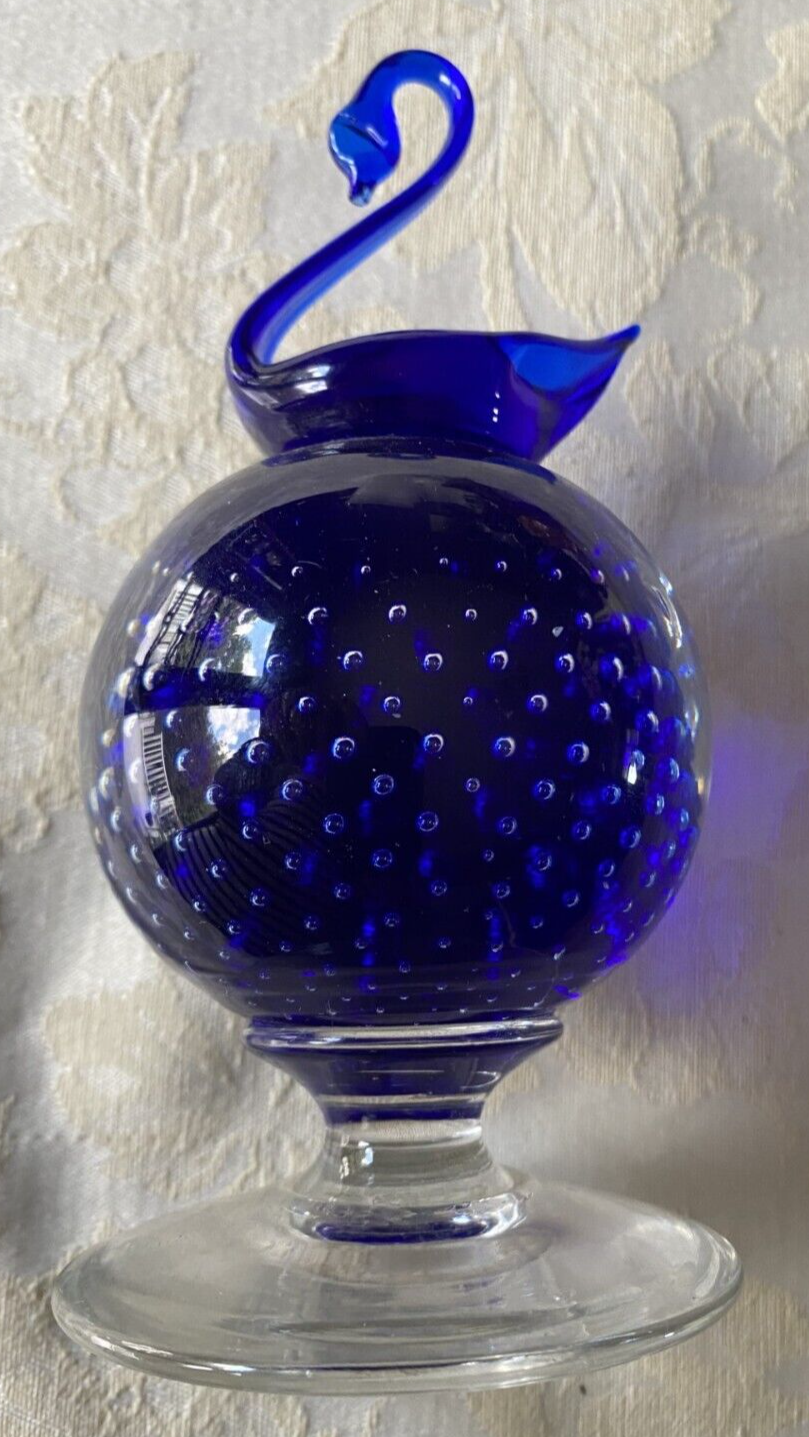 Vintage Pairpoint Glass COBALT BLUE Controlled Bubble PaperweighT W/SWAN BASE