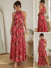 Eliza J Pink Green Floral Halter Tie Neck Belted Chiffon Maxi Dress 2