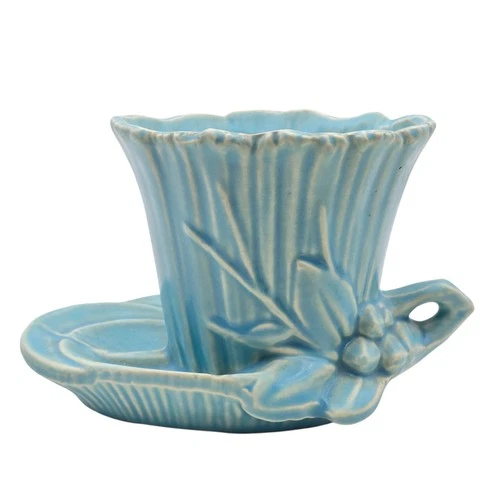 Vintage McCoy Potter Turquoise Lotus Planter With Attached Saucer Water Lily