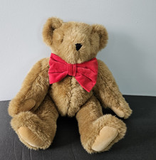 Vermont Teddy Bear 16" Fully Jointed Stuffed Animal Plush Signed Eyes Red Bow