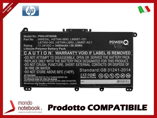 Batteria PowerQ per HP Pavilion 15 15-EG0000 3400 mAh 11.34V P/N HSTNN-IB90 Nero
