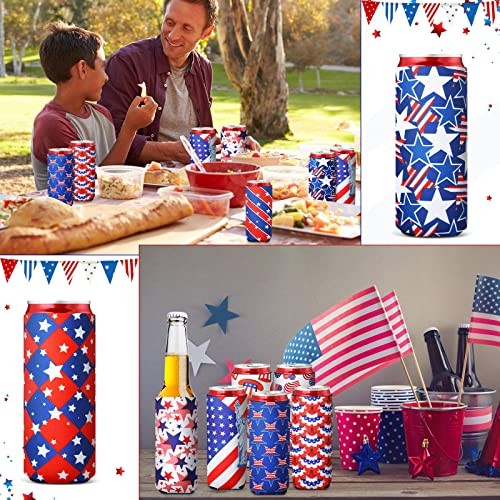 16 Pieces 4th of July Beer Can Sleeves Patriotic America Slim Beer Drink Can - Foto 5 di 8
