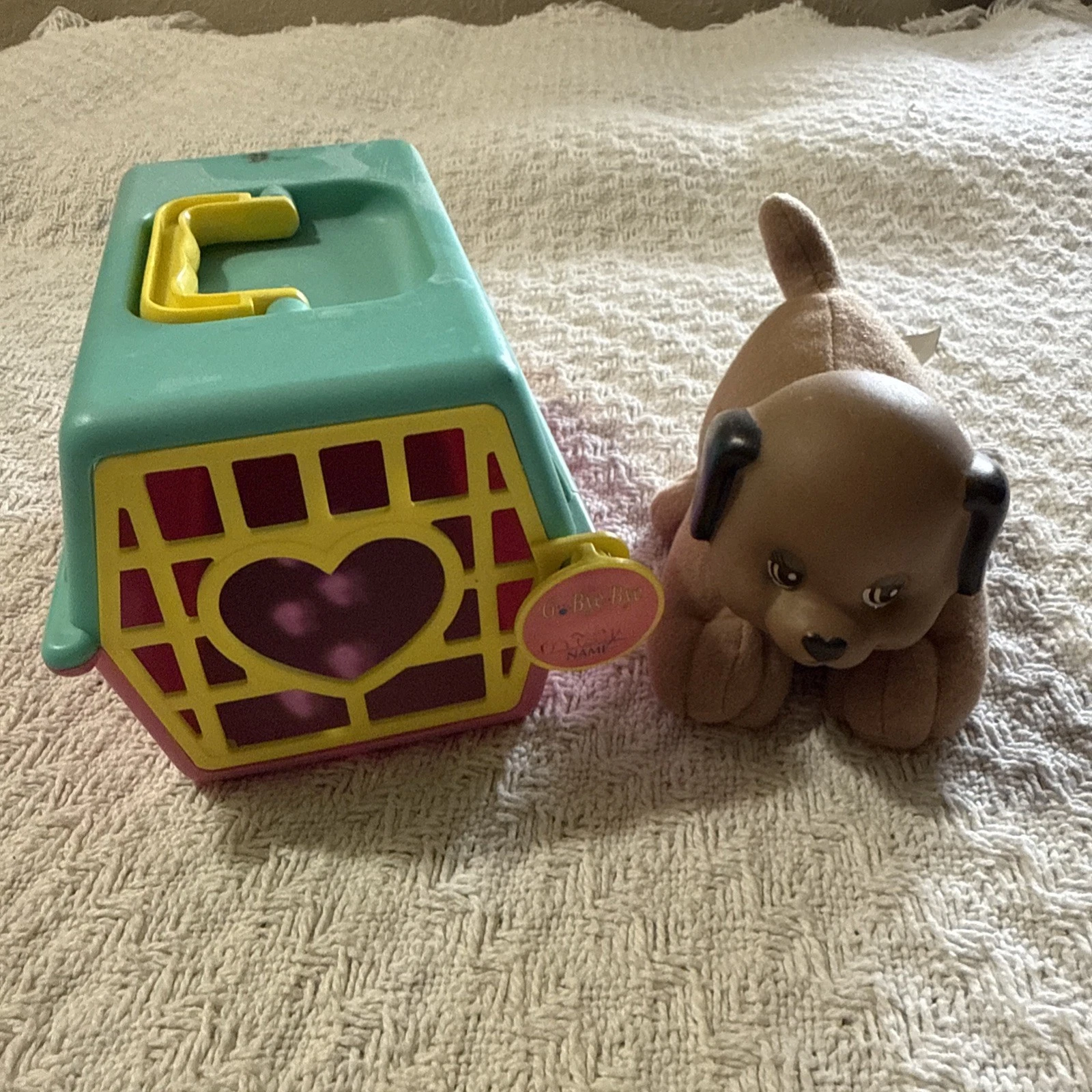 Blue and Pink Go Bye Bye Puppy Carrier with Dog and Lock VTG