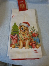 Set Of 2 Kitchen Towels Labrador Golden Retriever Dog & Solid Red Towel New