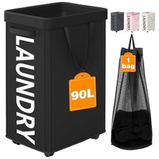 90L Rolling Laundry Basket with Wheels, 29 IN Hamper with Wheels and 1 Black