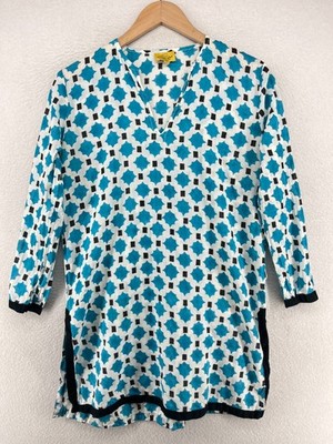 ROBERTA ROLLER RABBIT Tunic Cover Up XS Swim Geometric V-Neck Cotton Blue
