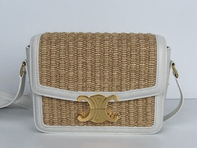 Celine Teen Triomphe Shoulder Bag in Natural Raffia White Calfskin