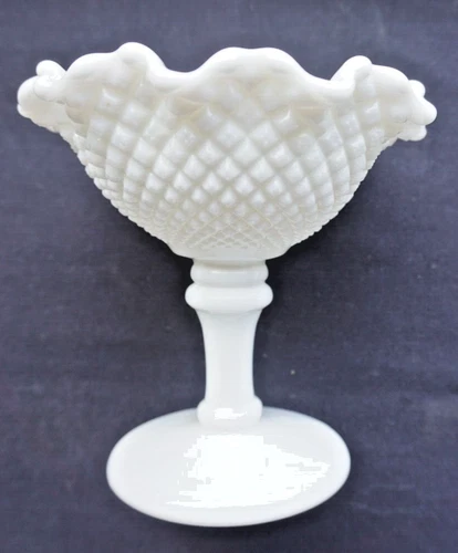 Vintage Milk Glass Footed Westmoreland Hobnail Compote Dish Ruffled Crimped Top