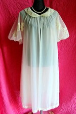 SHADOWLINE Vintage White Double Chiffon Robe Lace Trim Mid Calf Sz S Puff Sleeve