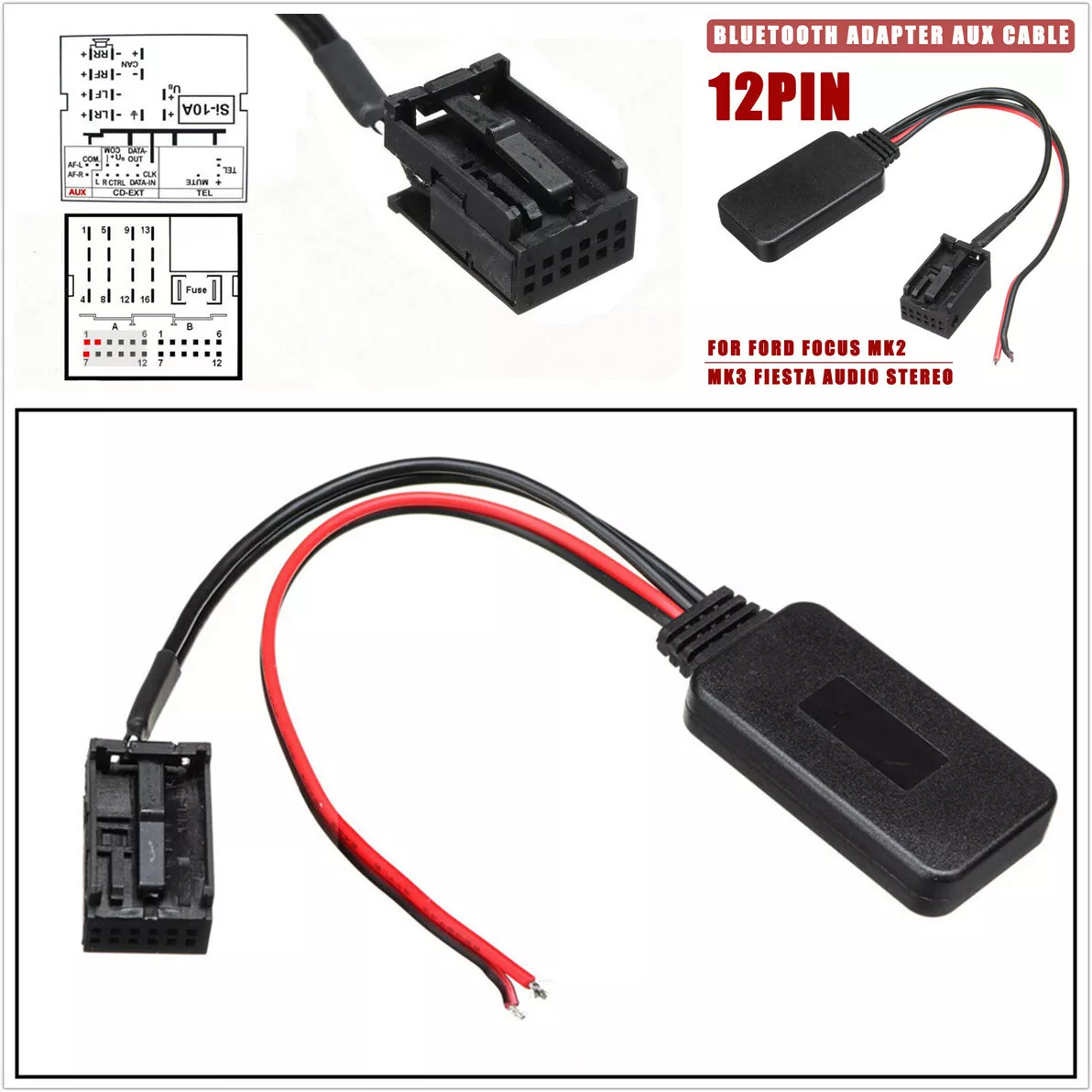 12V 12 Pin Car Bluetooth Adapter AUX Cable For Ford Focus MK2 C