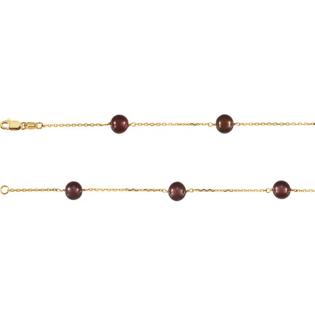 Brazalete de perlas de chocolate de oro amarillo de 14 quilates con eslabones de cadena de cable estación de perlas de 7,5 pulgadas Foto 2 de 3