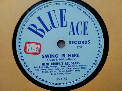 Gene Krupa 78rpm Single 10-inch Blue Ace Records #231 Swing Is Here 