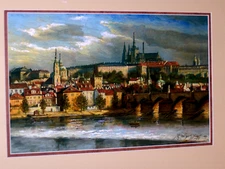 Europe Castle River Bridge Cityscape Water Reflections Clouds Trees Frame VINTAG