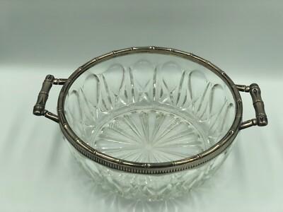 Vintage Crystal Serving Bowl With Silver Plated Bamboo Look Handles