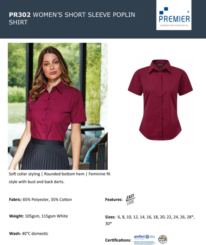 Premier Womens Short Sleeve Poplin Blouse Formal Easy Care Shirt Staff Work Wear - Image 4 of 4