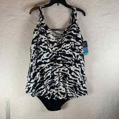 Swim Solutions Womens Tummy Control Tiered V-Neck Fauxkini Swimsuit Size 24W NWT