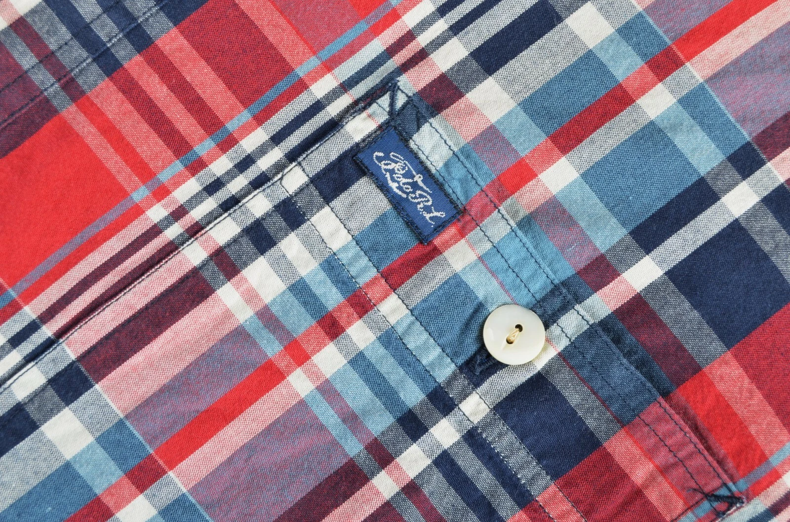 Men's Ralph Lauren Polo Red/Blue Check Long Sleeve Shirt Size Medium P-P 22"