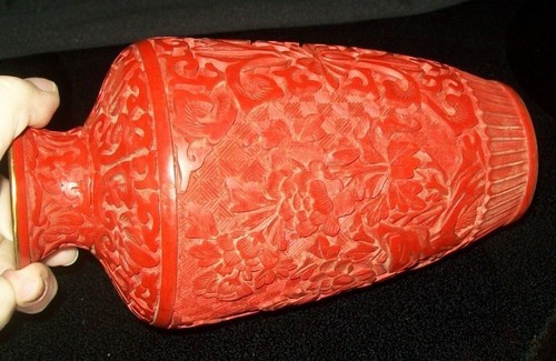 Vintage Chinese Carved Cinnabar Oval Vase on Blue Enamel 12" Diameter x 71/4"H - Picture 6 of 9