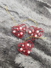 Christmas Ornaments Hearts Red Metal White Bead Valentine Holiday Decor Set of 3