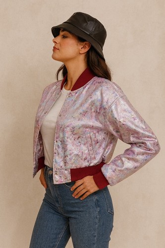 Pink Holographic Rexin Varsity Bomber Jacket Women Bombner Jacket - Picture 3 of 4