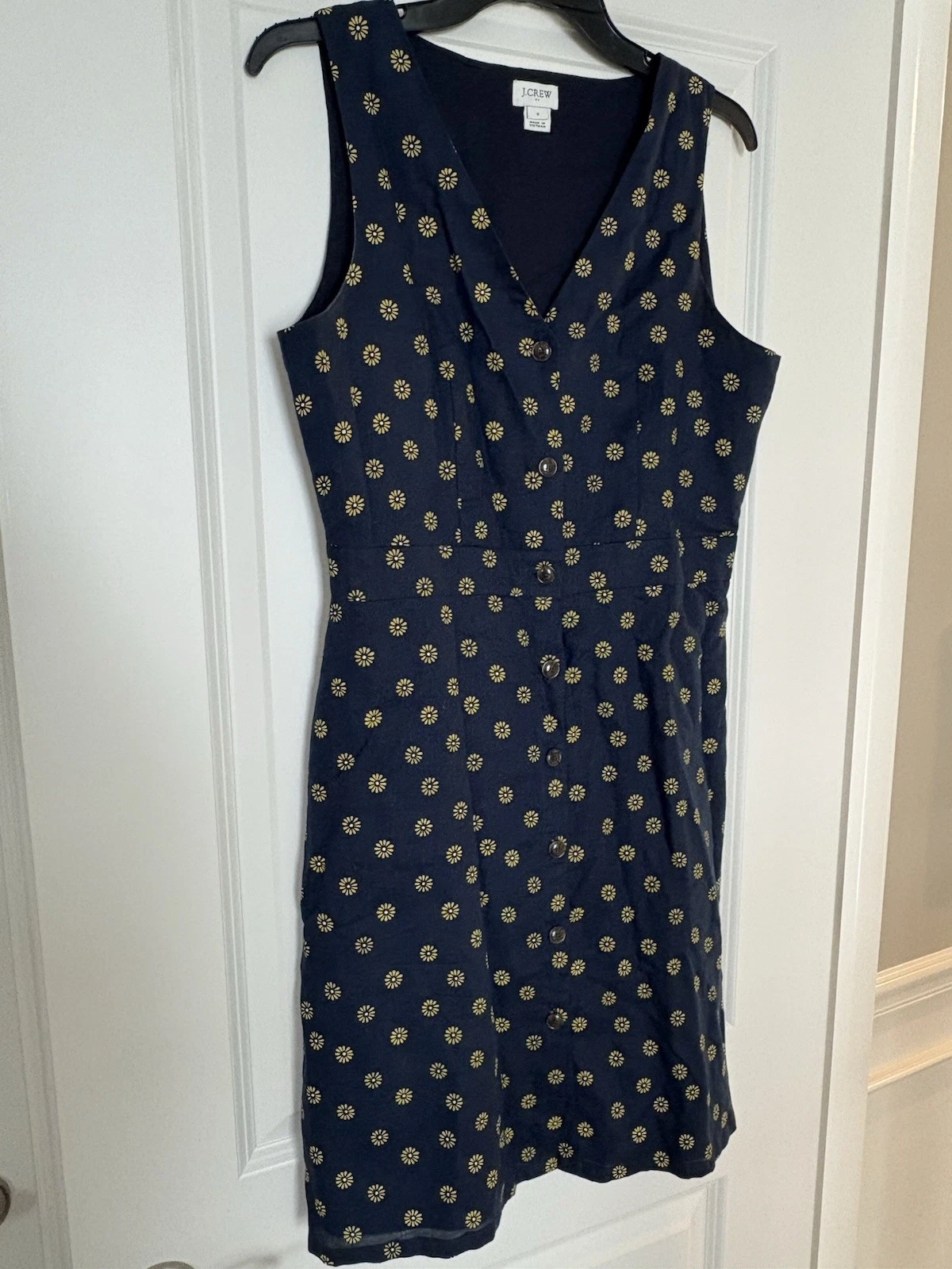 VETEMENTS Abito J Crew blu navy e giallo margherita scollo V senza maniche taglia 6 cotone lino estivo