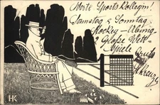 A/s HK ART DECO Mysterious Man w Tennis Racket Smoking Cigarette Postcard