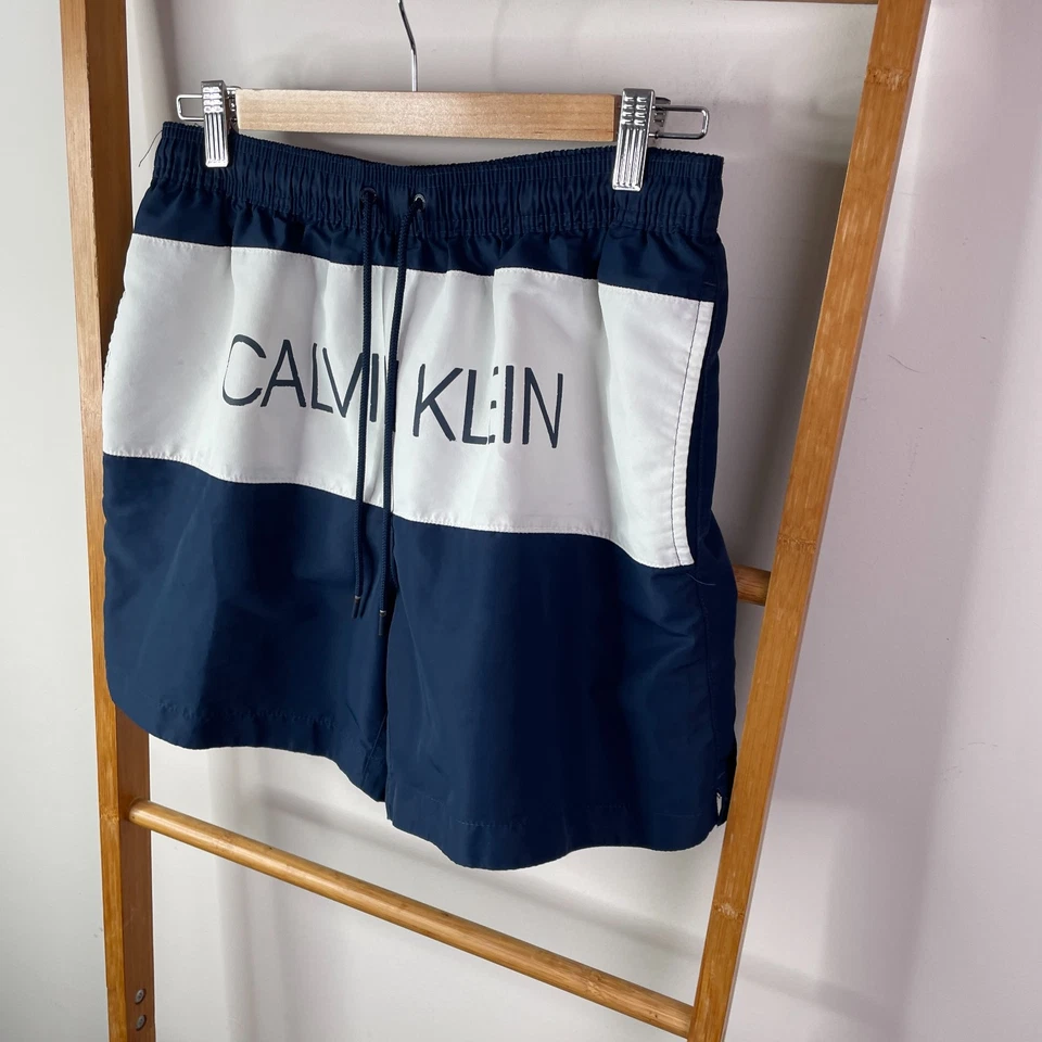 Calvin Klein Traje de baño Board Shorts Bañador Hombre Pequeño Azul Blanco Malla Forrado Foto 4 de 4